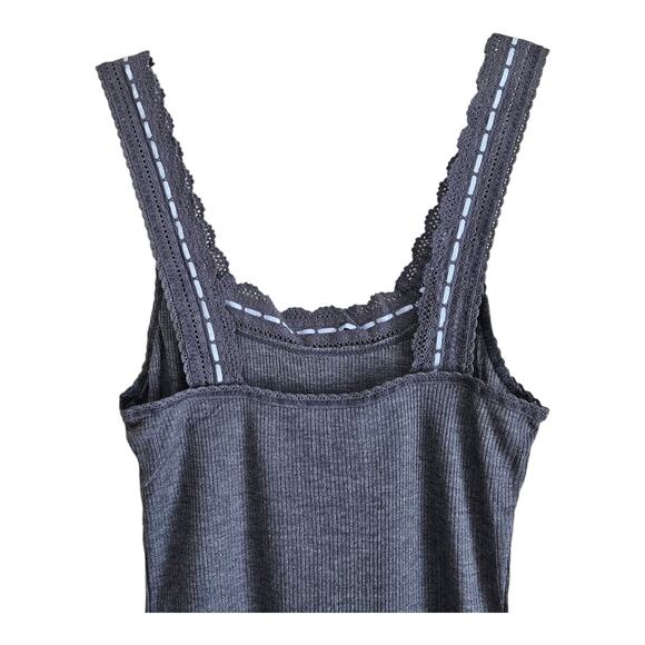 FREE PEOPLE Women's XS Only You Tank Top Ribbed Gray White Ribbon Trim NEW - Picture 5 of 6
